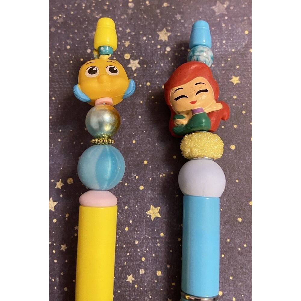 Set 2 Cute Little Mermaid Beaded Pens Handmade Extra Ink Original Colorful Gift